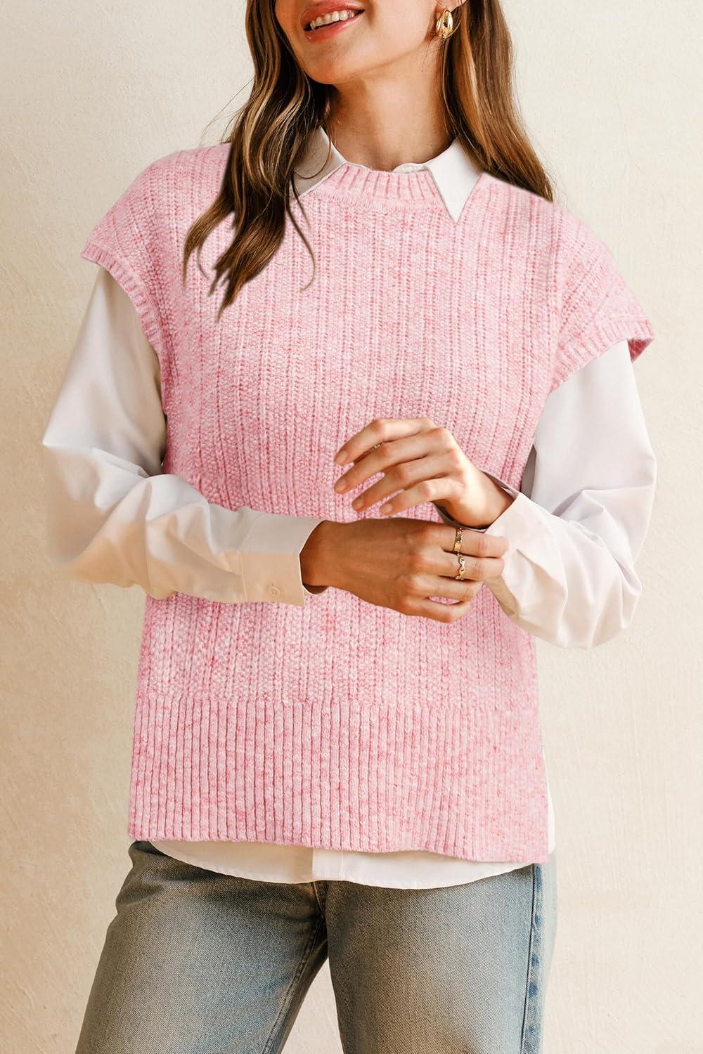 imageArachampampCloz Womens Cotton Blend Cap Sleeve Side Slit Sweater Vest Fall Casual Tops 2025Light Pink