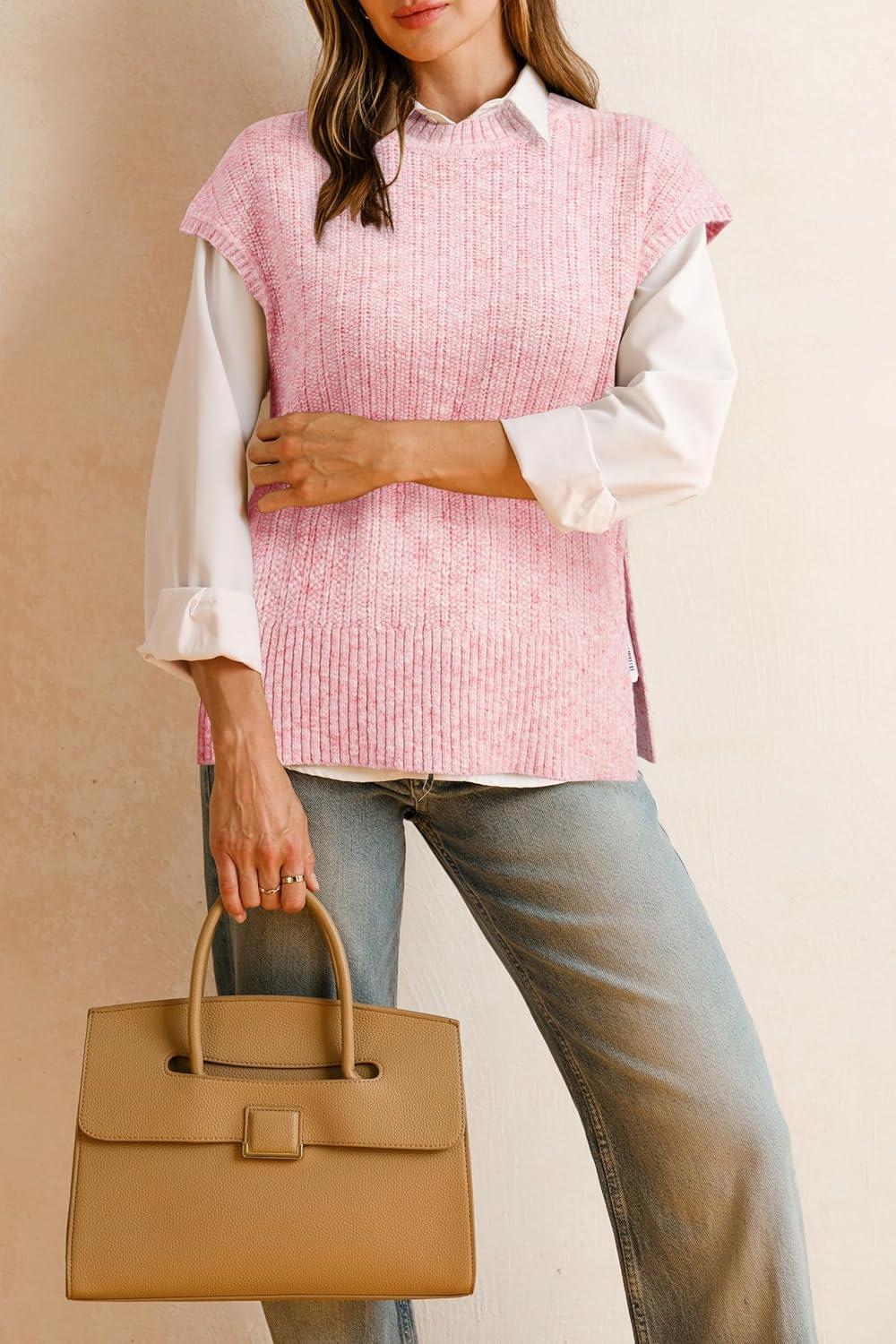 imageArachampampCloz Womens Cotton Blend Cap Sleeve Side Slit Sweater Vest Fall Casual Tops 2025Light Pink