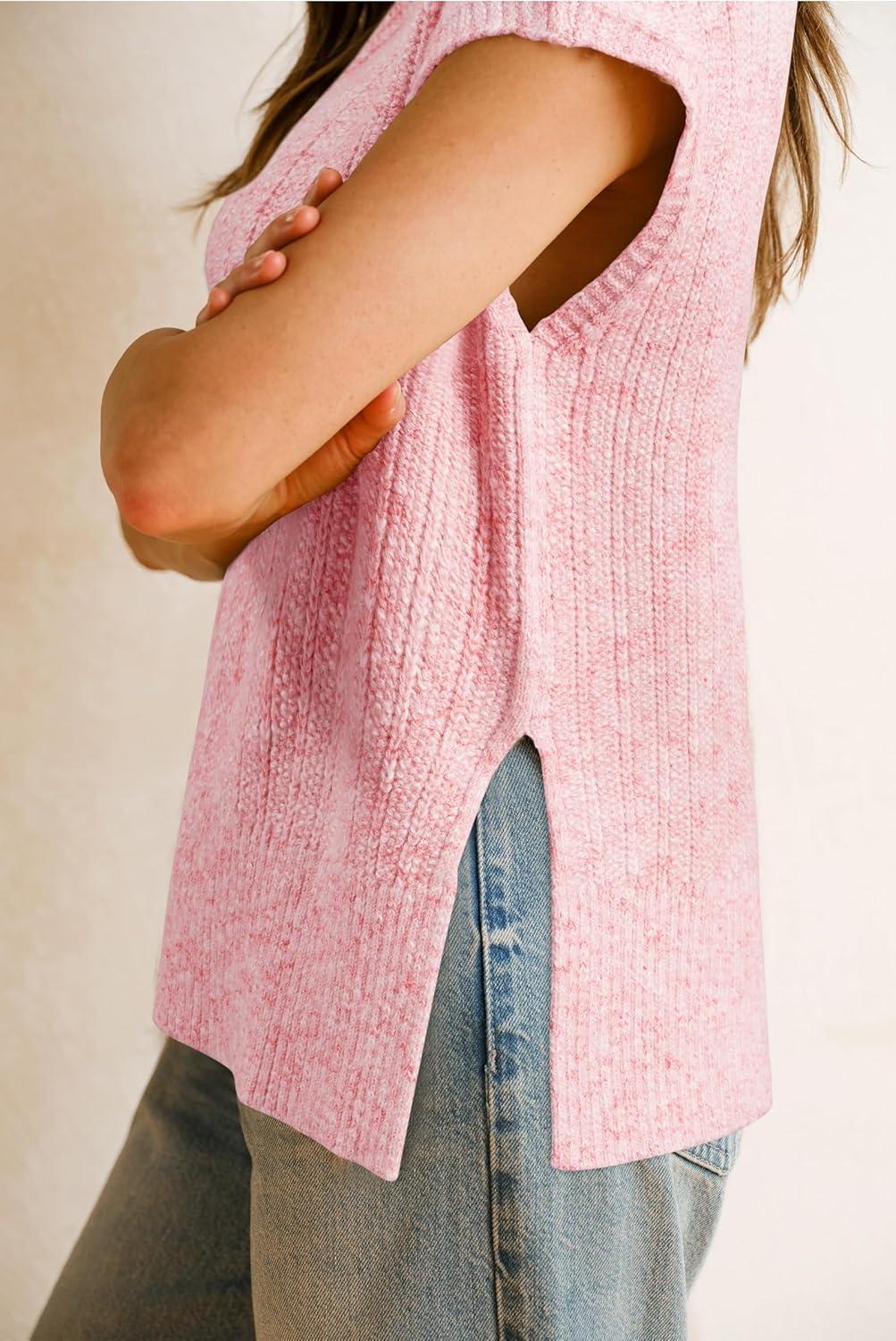 imageArachampampCloz Womens Cotton Blend Cap Sleeve Side Slit Sweater Vest Fall Casual Tops 2025Light Pink