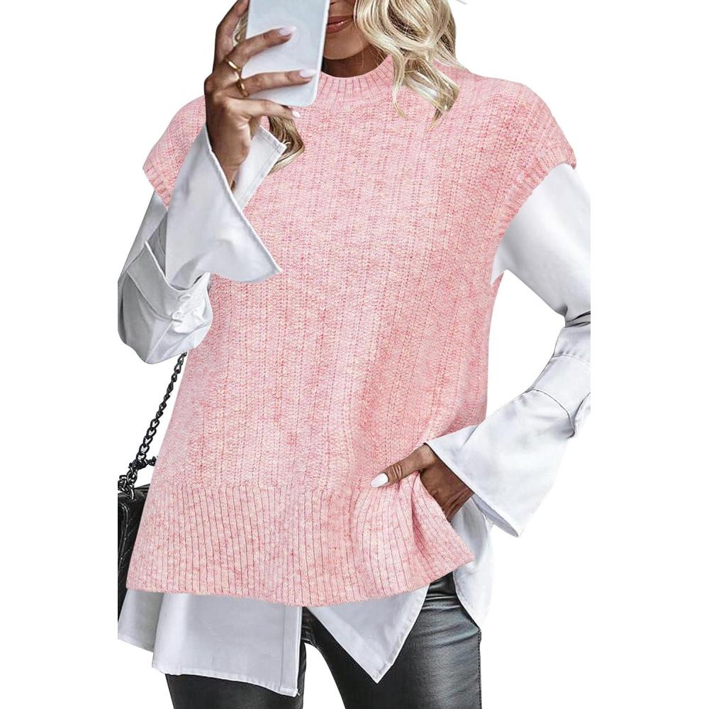 imageArachampampCloz Womens Cotton Blend Cap Sleeve Side Slit Sweater Vest Fall Casual Tops 2025Light Pink