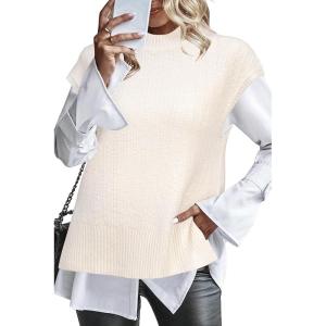 imageArachampampCloz Womens Cotton Blend Cap Sleeve Side Slit Sweater Vest Fall Casual Tops 2025Offwhite