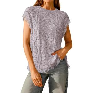 imageArachampampCloz Womens Cozy Cotton Fringe Cable Knit Western Outfits Fall Sweater Vests 2025Brown and White Heather