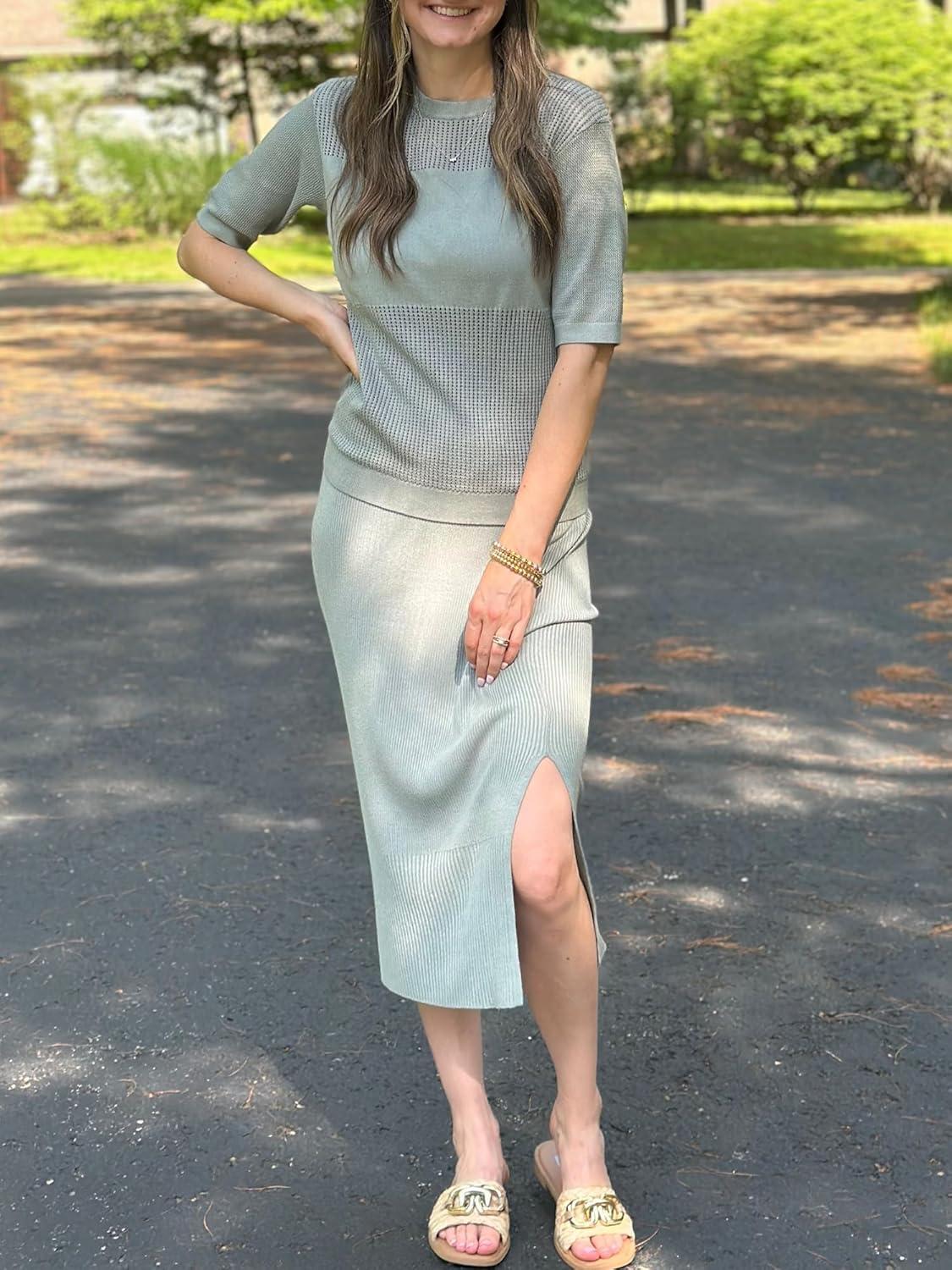 imageArachampampCloz Womens Soft 2 Piece Sets Summer Crochet Top and Midi Slit Skirt Outfits 2025Grey Green