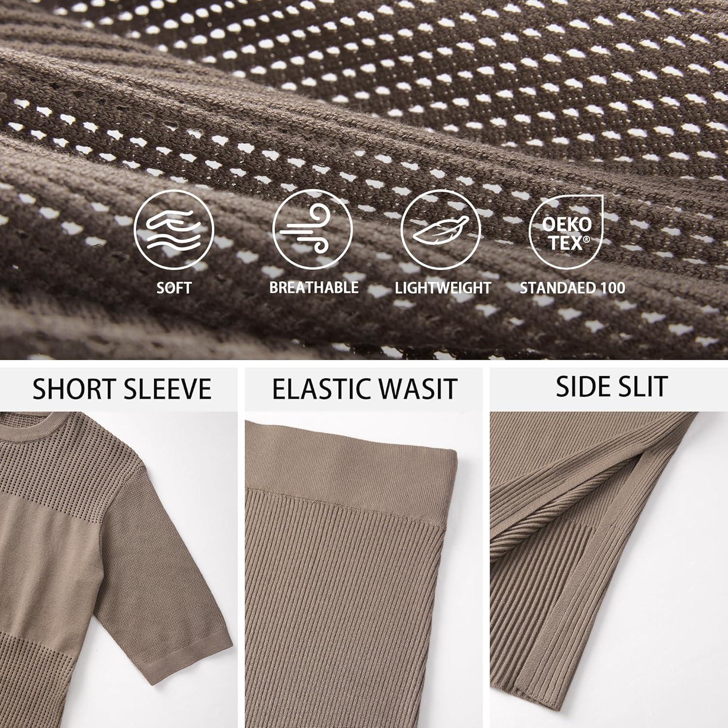 imageArachampampCloz Womens Soft 2 Piece Sets Summer Crochet Top and Midi Slit Skirt Outfits 2025Pale Brown