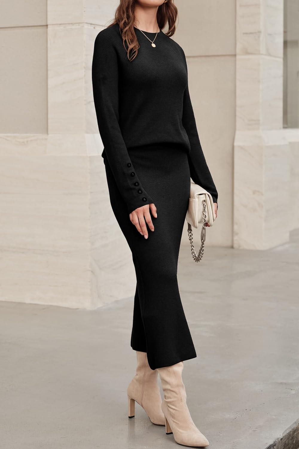 imageArachampampCloz Womens Wool Blend Sweater 2 Piece Sets Fall Business Long Sleeve Top Midi Skirts Outfits 2025Black