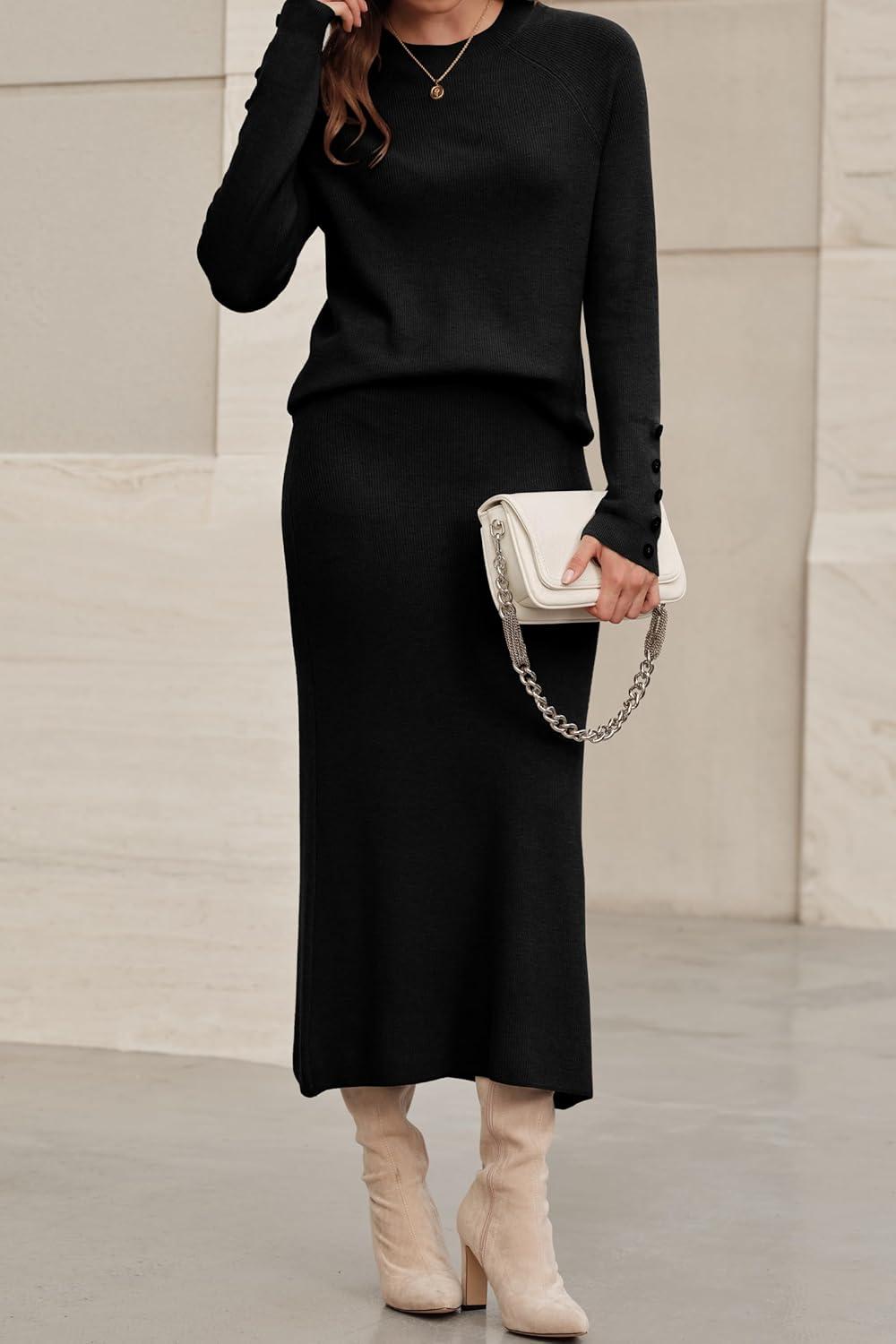 imageArachampampCloz Womens Wool Blend Sweater 2 Piece Sets Fall Business Long Sleeve Top Midi Skirts Outfits 2025Black