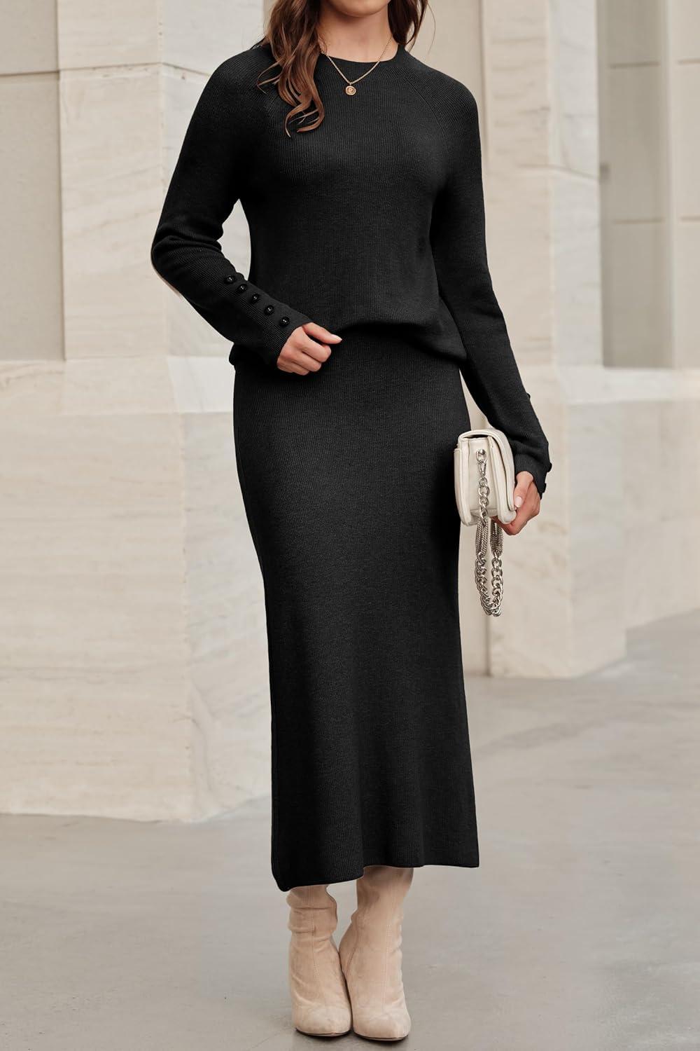 imageArachampampCloz Womens Wool Blend Sweater 2 Piece Sets Fall Business Long Sleeve Top Midi Skirts Outfits 2025Black