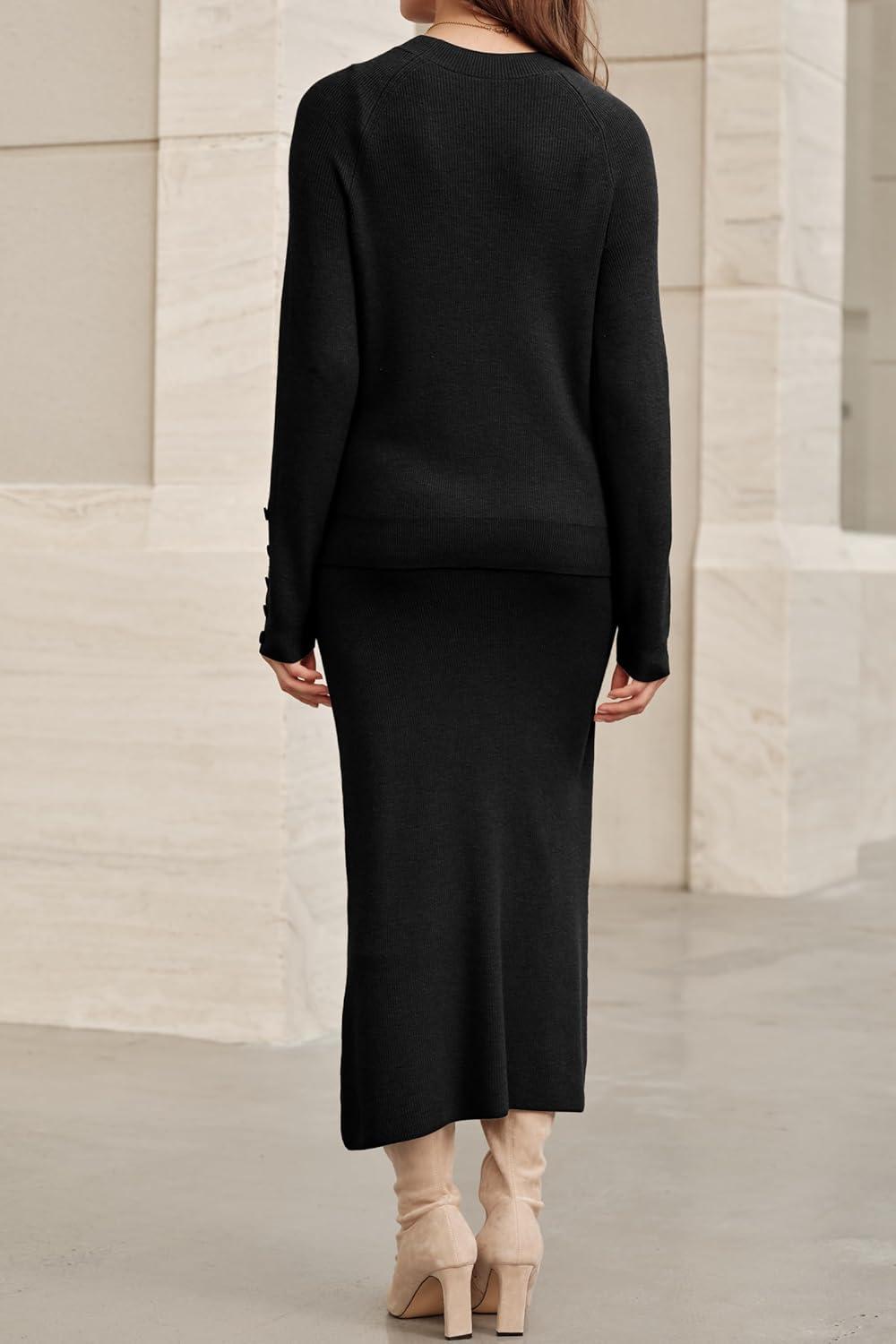 imageArachampampCloz Womens Wool Blend Sweater 2 Piece Sets Fall Business Long Sleeve Top Midi Skirts Outfits 2025Black