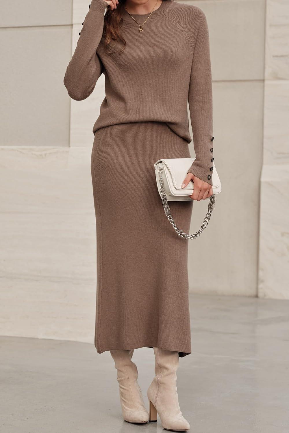 imageArachampampCloz Womens Wool Blend Sweater 2 Piece Sets Fall Business Long Sleeve Top Midi Skirts Outfits 2025Brown