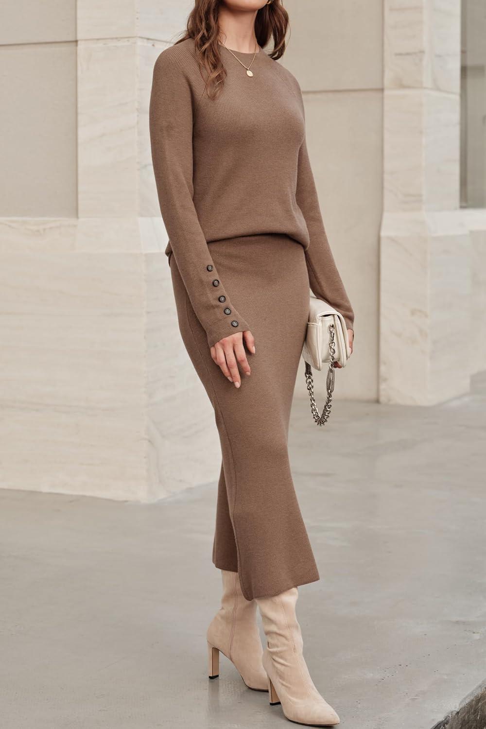 imageArachampampCloz Womens Wool Blend Sweater 2 Piece Sets Fall Business Long Sleeve Top Midi Skirts Outfits 2025Brown