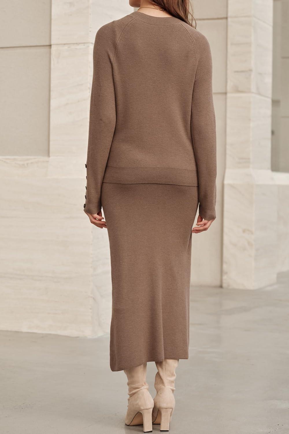 imageArachampampCloz Womens Wool Blend Sweater 2 Piece Sets Fall Business Long Sleeve Top Midi Skirts Outfits 2025Brown