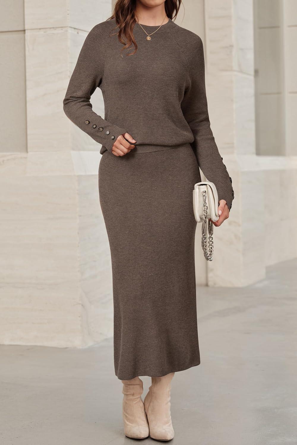 imageArachampampCloz Womens Wool Blend Sweater 2 Piece Sets Fall Business Long Sleeve Top Midi Skirts Outfits 2025Coffee