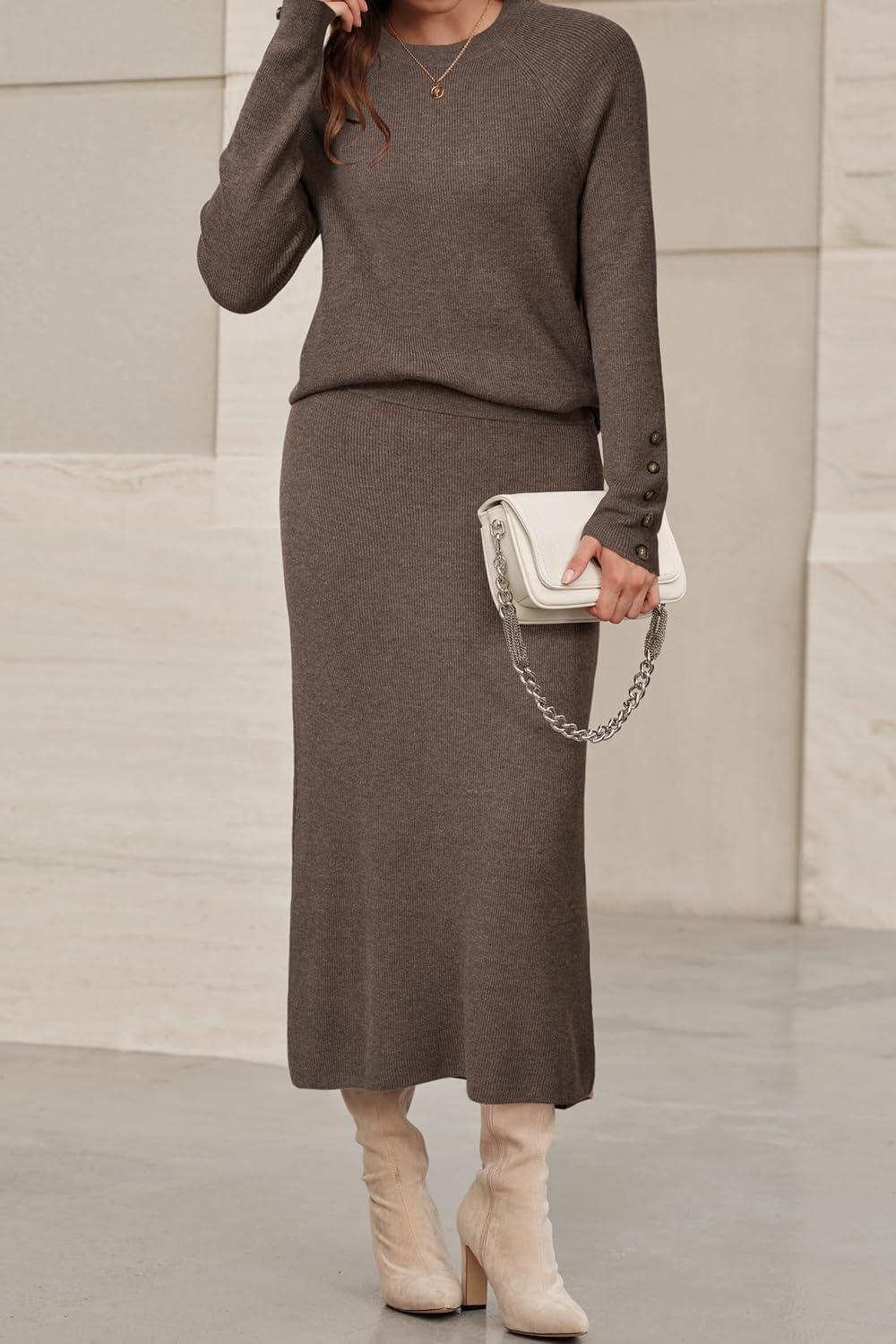 imageArachampampCloz Womens Wool Blend Sweater 2 Piece Sets Fall Business Long Sleeve Top Midi Skirts Outfits 2025Coffee