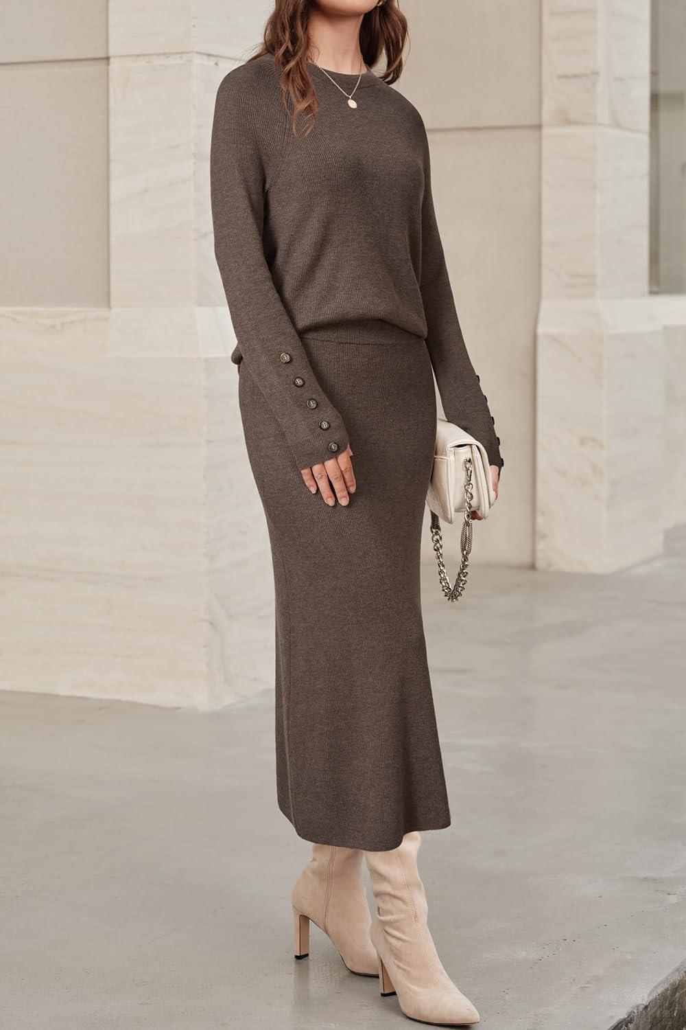 imageArachampampCloz Womens Wool Blend Sweater 2 Piece Sets Fall Business Long Sleeve Top Midi Skirts Outfits 2025Coffee