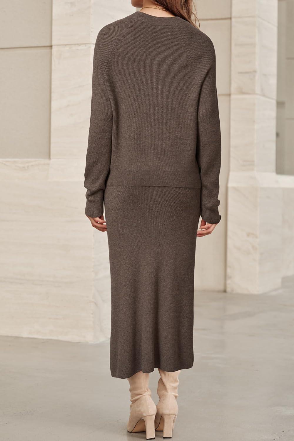 imageArachampampCloz Womens Wool Blend Sweater 2 Piece Sets Fall Business Long Sleeve Top Midi Skirts Outfits 2025Coffee