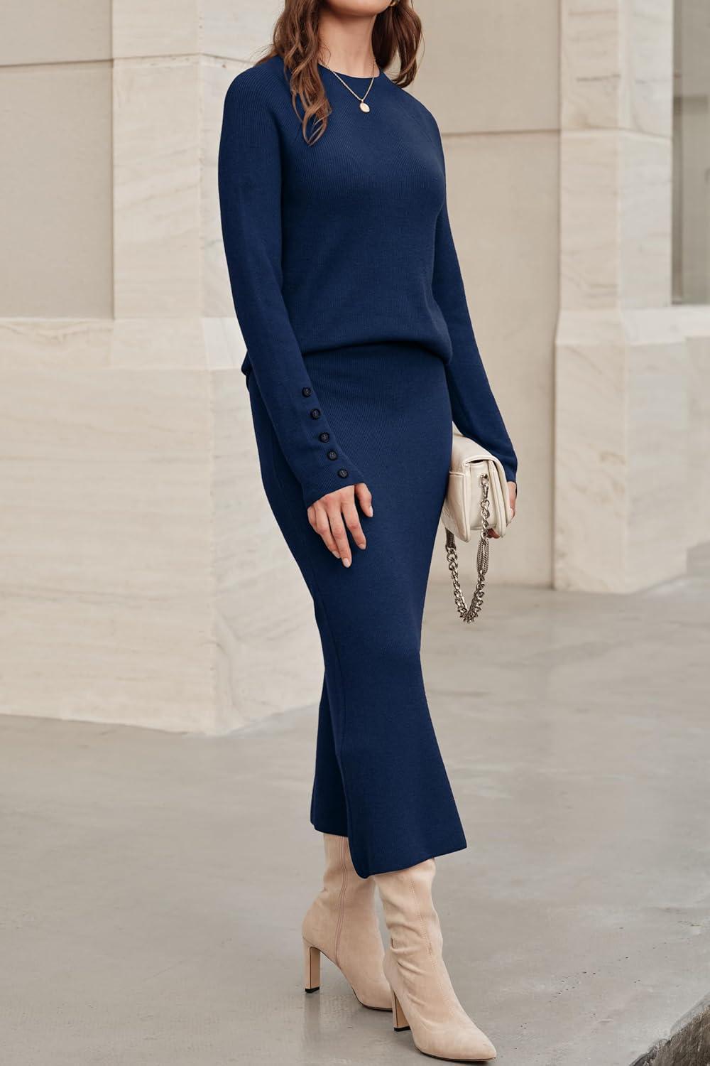 imageArachampampCloz Womens Wool Blend Sweater 2 Piece Sets Fall Business Long Sleeve Top Midi Skirts Outfits 2025Navy