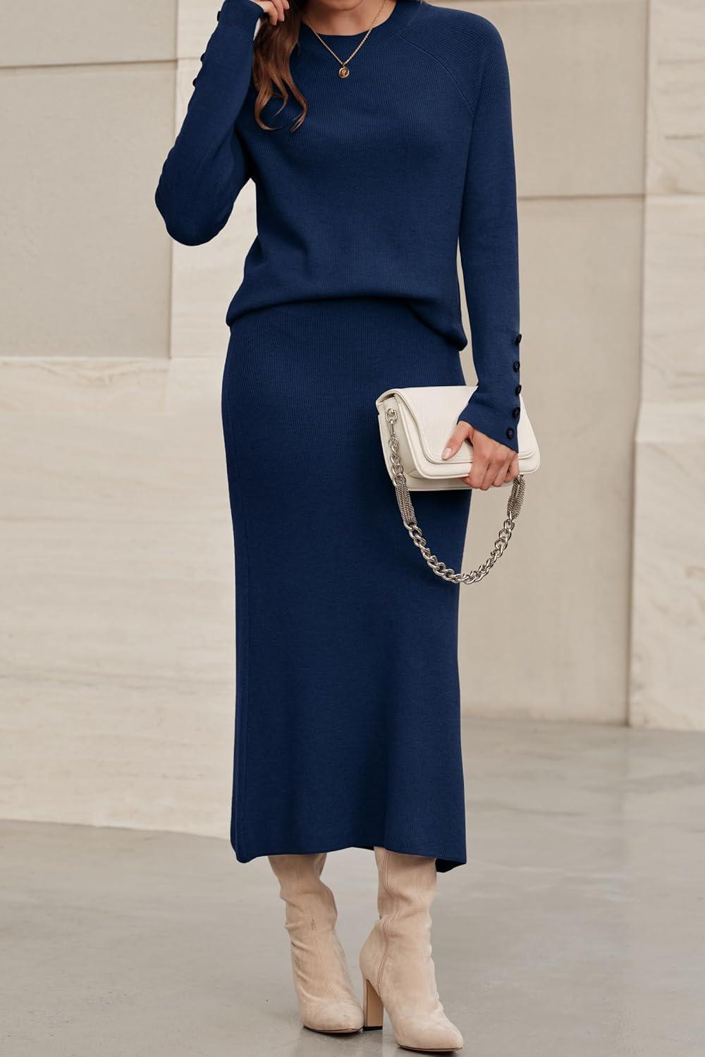 imageArachampampCloz Womens Wool Blend Sweater 2 Piece Sets Fall Business Long Sleeve Top Midi Skirts Outfits 2025Navy