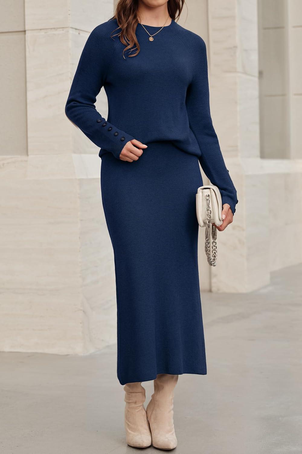 imageArachampampCloz Womens Wool Blend Sweater 2 Piece Sets Fall Business Long Sleeve Top Midi Skirts Outfits 2025Navy