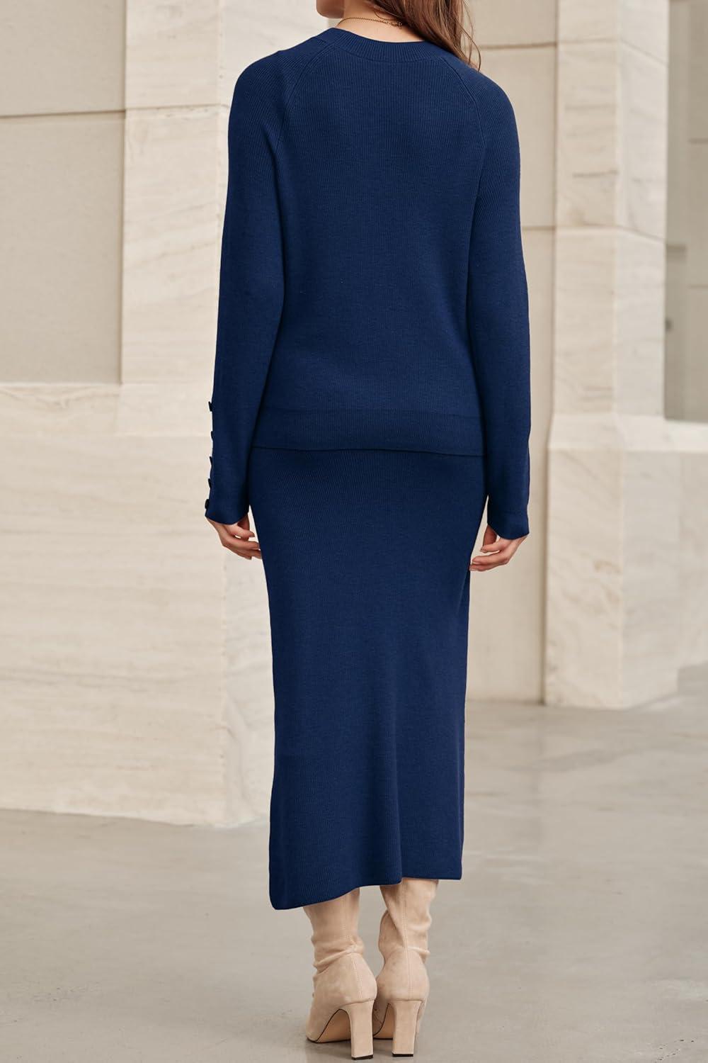 imageArachampampCloz Womens Wool Blend Sweater 2 Piece Sets Fall Business Long Sleeve Top Midi Skirts Outfits 2025Navy