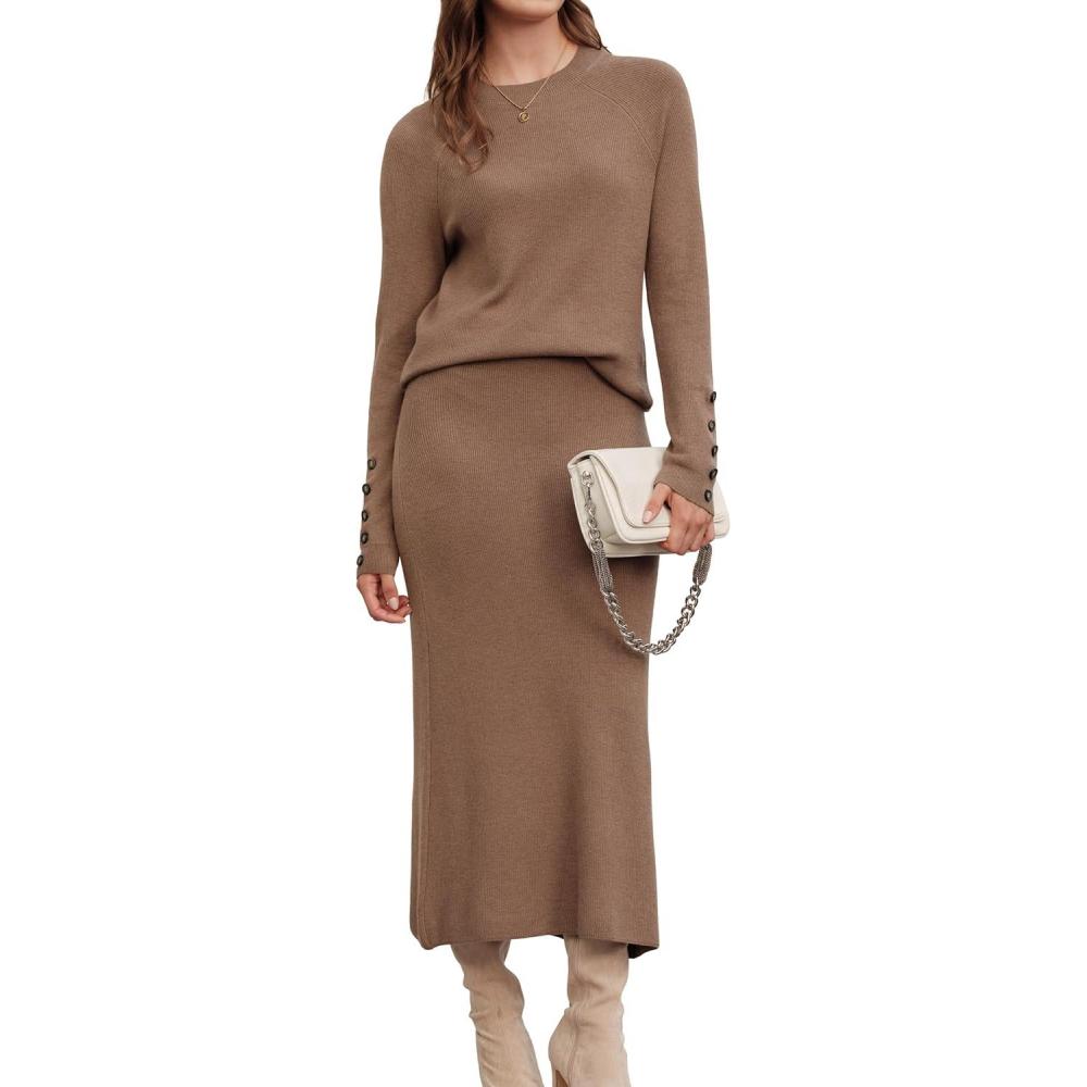 imageArachampampCloz Womens Wool Blend Sweater 2 Piece Sets Fall Business Long Sleeve Top Midi Skirts Outfits 2025Brown