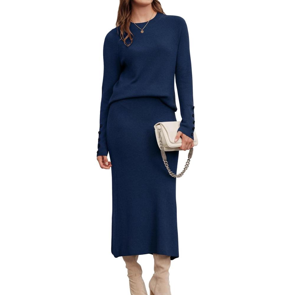 imageArachampampCloz Womens Wool Blend Sweater 2 Piece Sets Fall Business Long Sleeve Top Midi Skirts Outfits 2025Navy