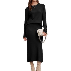 imageArachampampCloz Womens Wool Blend Sweater 2 Piece Sets Fall Business Long Sleeve Top Midi Skirts Outfits 2025Black
