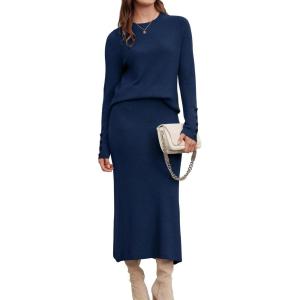 imageArachampampCloz Womens Wool Blend Sweater 2 Piece Sets Fall Business Long Sleeve Top Midi Skirts Outfits 2025Navy