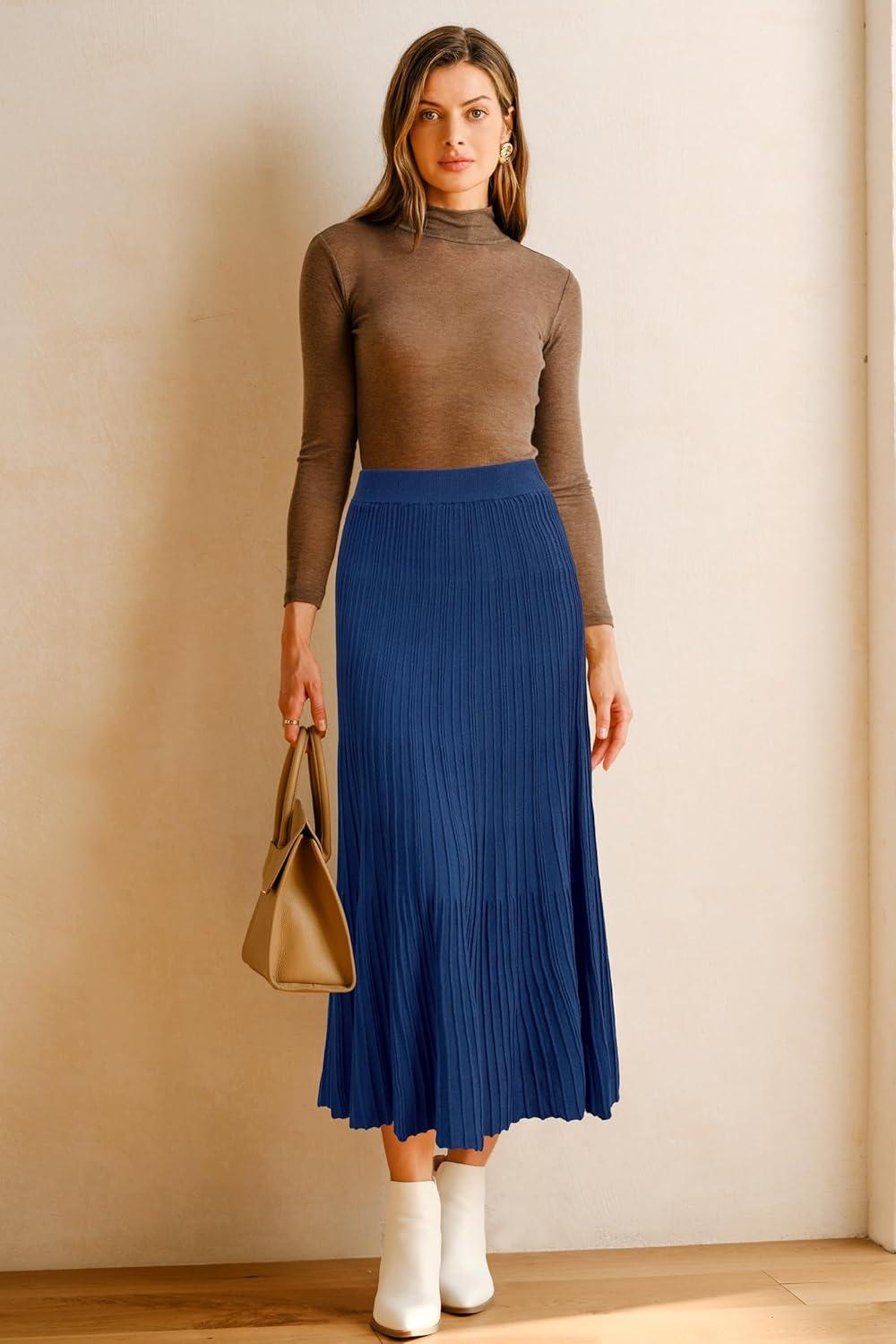 imageArachampampCloz Womens Wool Blend Wide Elastic Band ALine Pleated Flowy Long Skirts 2025Navy Blue