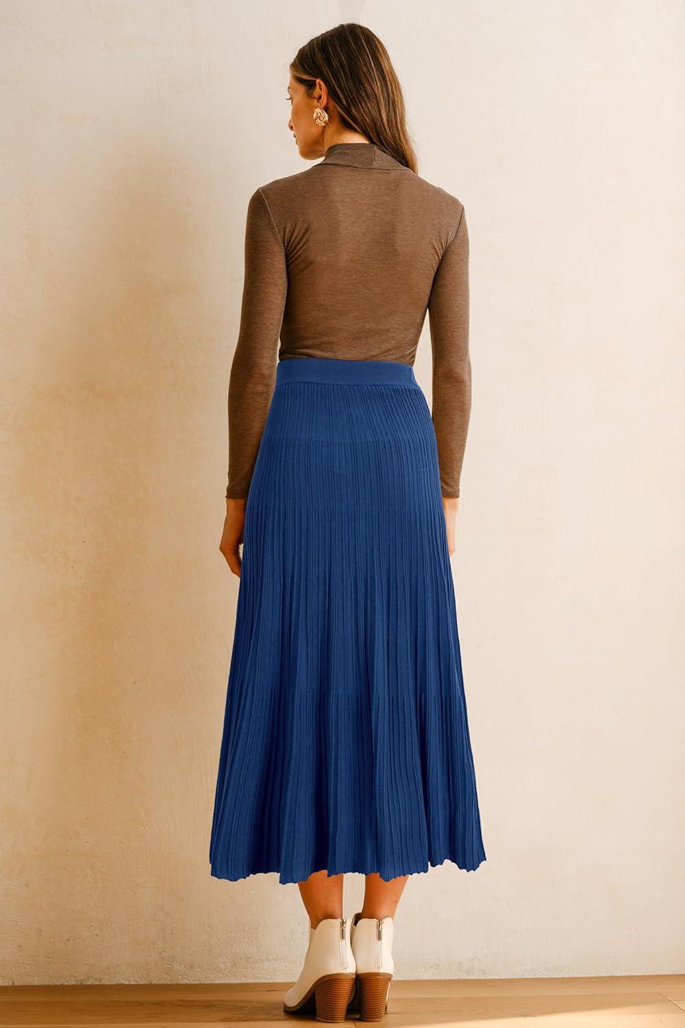 imageArachampampCloz Womens Wool Blend Wide Elastic Band ALine Pleated Flowy Long Skirts 2025Navy Blue