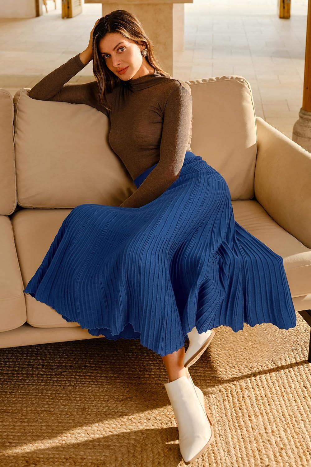 imageArachampampCloz Womens Wool Blend Wide Elastic Band ALine Pleated Flowy Long Skirts 2025Navy Blue