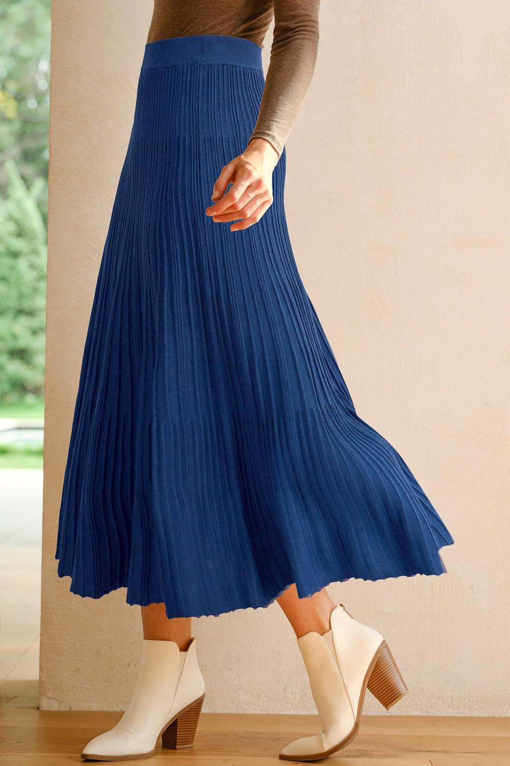 imageArachampampCloz Womens Wool Blend Wide Elastic Band ALine Pleated Flowy Long Skirts 2025Navy Blue