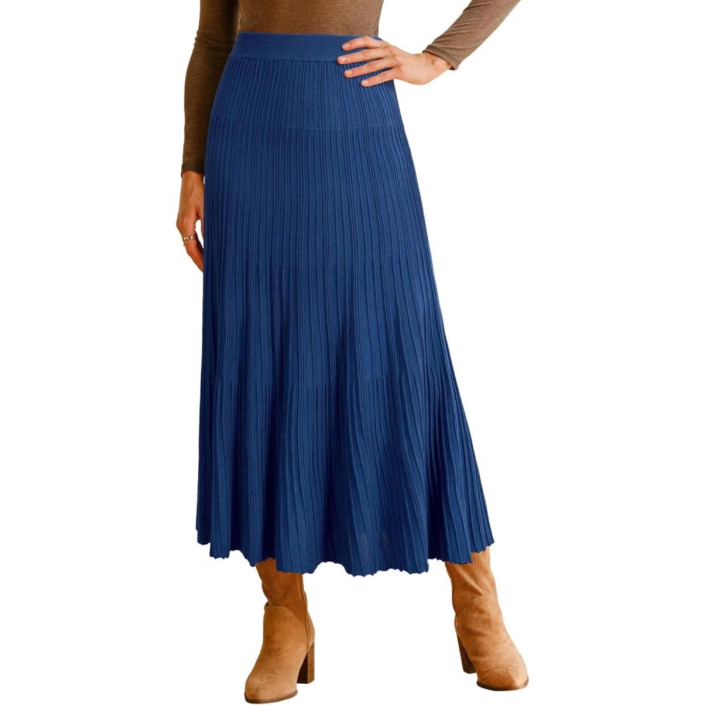 imageArachampampCloz Womens Wool Blend Wide Elastic Band ALine Pleated Flowy Long Skirts 2025Navy Blue