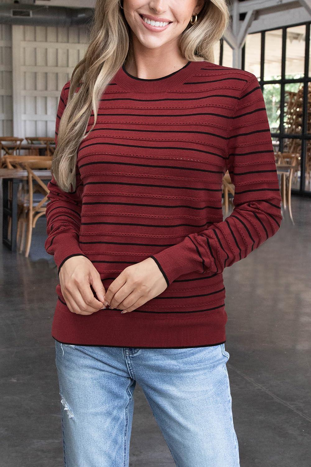 imageArachampampCloz Womens Soft Knit Sweater Fall Dressy Casual Pullover TopsStriped Wine Black