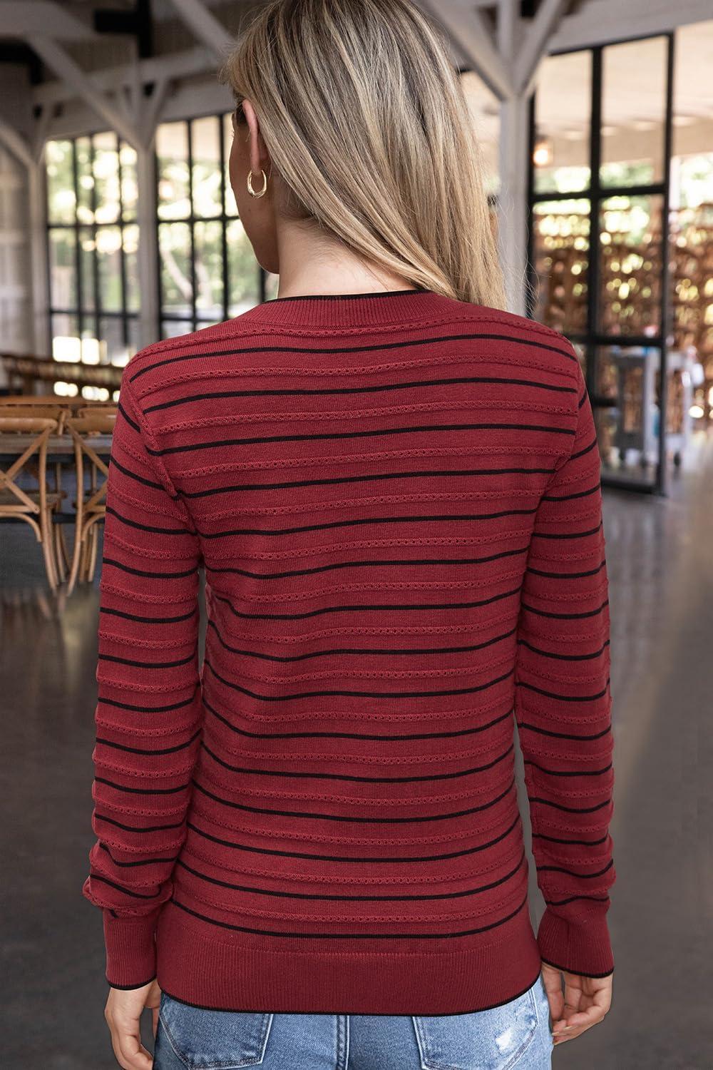 imageArachampampCloz Womens Soft Knit Sweater Fall Dressy Casual Pullover TopsStriped Wine Black