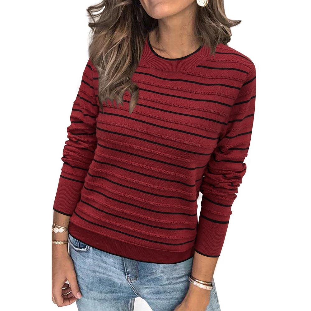 imageArachampampCloz Womens Soft Knit Sweater Fall Dressy Casual Pullover TopsStriped Wine Black