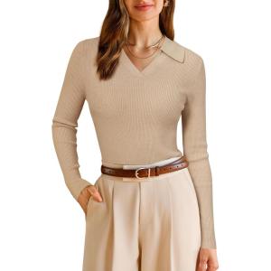 imageArachampampCloz Womens Wool Blend Polo Sweater Shirt Business Casual Slim Fitted Fall Tops 2025Apricot