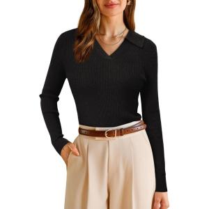 imageArachampampCloz Womens Wool Blend Polo Sweater Shirt Business Casual Slim Fitted Fall Tops 2025Black