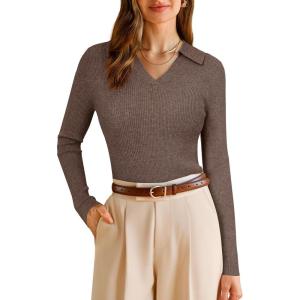 imageArachampampCloz Womens Wool Blend Polo Sweater Shirt Business Casual Slim Fitted Fall Tops 2025Coffee