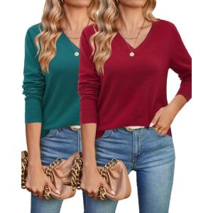 imageArachampampCloz 2 Pack Womens Sweaters 2024 Lightweight Soft V Neck Long Sleeve Fall Tops Fashion Clothes Casual Shirts PulloverBurgundygreen