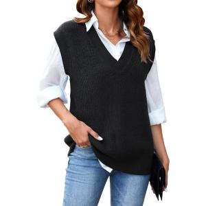 imageArachampampCloz Womens Sweater Vest 2024 Fall Winter Knitted V Neck Oversized Casual Cap Sleeve Pullover Tank TopsBlack