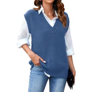 imageArachampampCloz Womens Sweater Vest 2024 Fall Winter Knitted V Neck Oversized Casual Cap Sleeve Pullover Tank TopsBlue