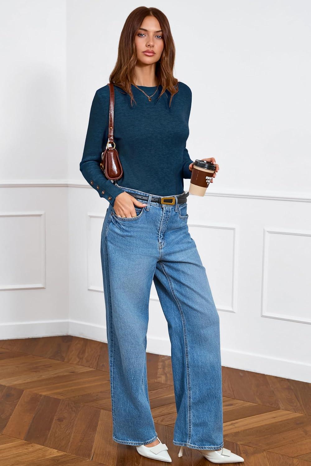 imageArachampampCloz Womens Wool Blend ButtonCuff Fall Fashion Casual SweatersDark Blue