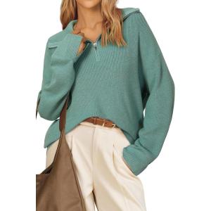 imageArachampampCloz Womens Wool Blend Lapel Quarter Zip Fall Winter Trendy Casual Oversized Fit Sweater TopGrey Green