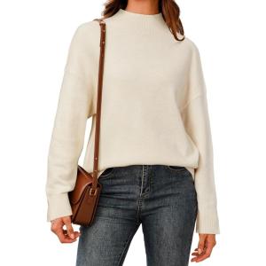 imageArachampampCloz Womens Wool Blend Soft Mock Neck Casual Oversized Fall SweaterBeige