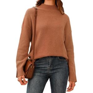 imageArachampampCloz Womens Wool Blend Soft Mock Neck Casual Oversized Fall SweaterBrown