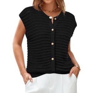 imageArachampampCloz Women Cap Sleeve Sweater Vest 2025 Summer Crochet Button Down Knit Cardigan Loose Business Casual Tops TrendyBlack