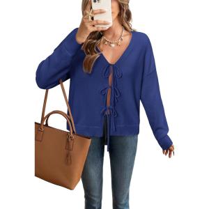 imageArachampampCloz Womens Cozy Cotton Tie Front Fall Trendy Bow Cardigan Sweaters 2025Dark Blue
