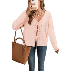imageArachampampCloz Womens Cozy Cotton Tie Front Fall Trendy Bow Cardigan Sweaters 2025Light Pink
