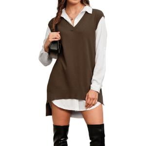 imageArachampampCloz Womens Wool Blend Side Slit High Low Versatile V Neck Fall Tunic Sweater Vests 2025Brown