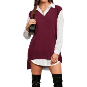 imageArachampampCloz Womens Wool Blend Side Slit High Low Versatile V Neck Fall Tunic Sweater Vests 2025Dark Red